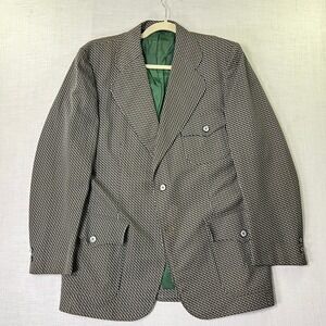 VTG Brookfield Men 42L Blazer Green White Puppytooth Polyester Disco 70s Jacket